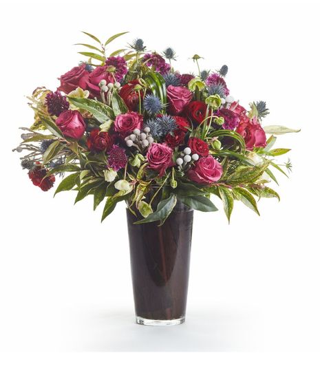Purple, Blue, Red Roses with Accents in Glass Vase