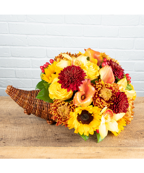 Roses, Orchids, Sunflower - Cornucopia Centerpiece