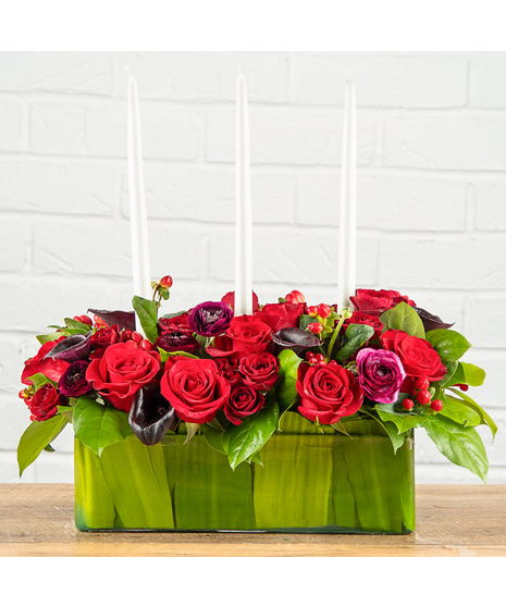 Red Roses, Burgundy Ranunculus, Black Calla Lilies - Long and Low Glass Cube