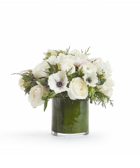 White Anemone + White Roses in a Glass Vase