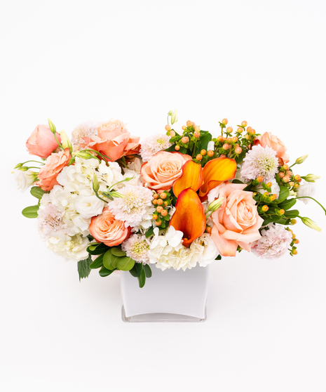 White Glass Cube with White + Peach Autumn Flowers
