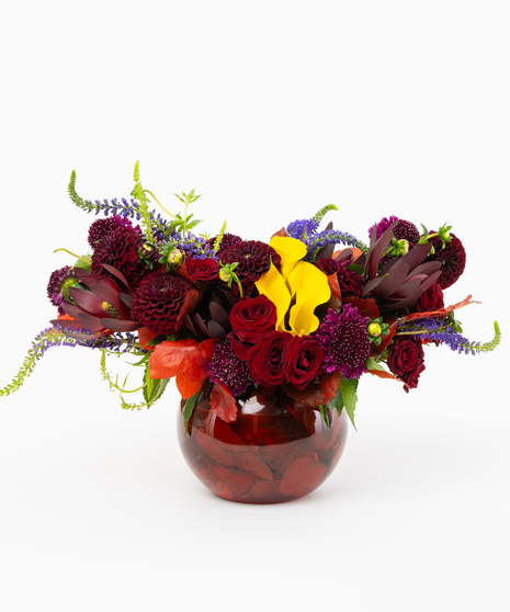 Red + Yellow Fall Flowers in Bubble Bowl