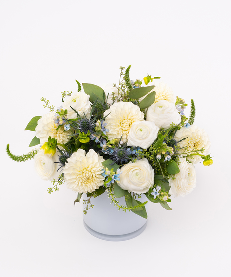 White Roses + Dahlia with Eucalyptus