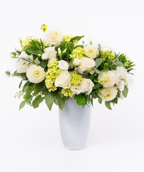 White Roses + Dahlia with Eucalyptus