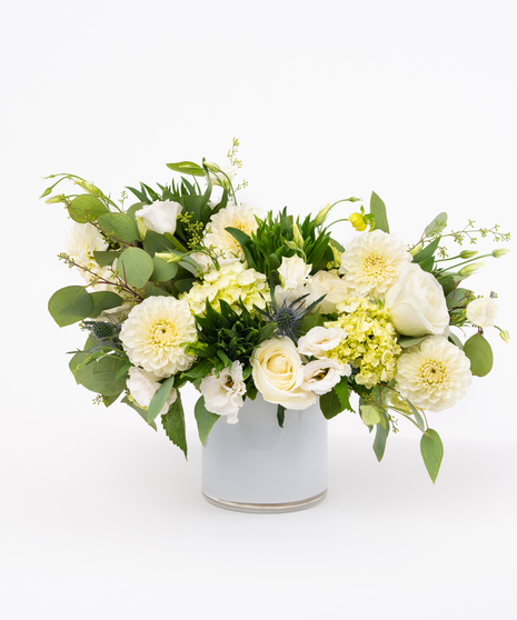 White Roses + Dahlia with Eucalyptus