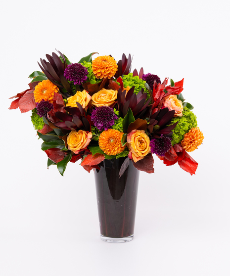 Dahlia + Roses in a Black Glass Cylinder
