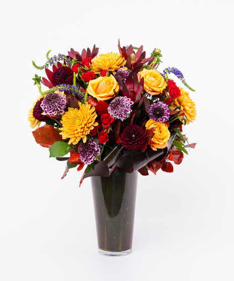 Orange Dahlia, Red Roses, Yellow Mums - Black Cylinder
