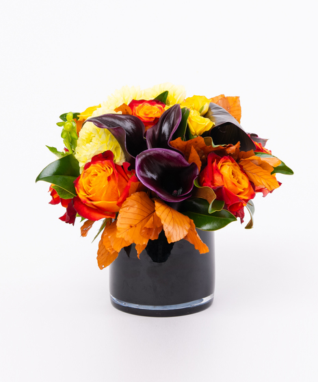 Yellow Roses + Dahlia with Black Calla Lilies